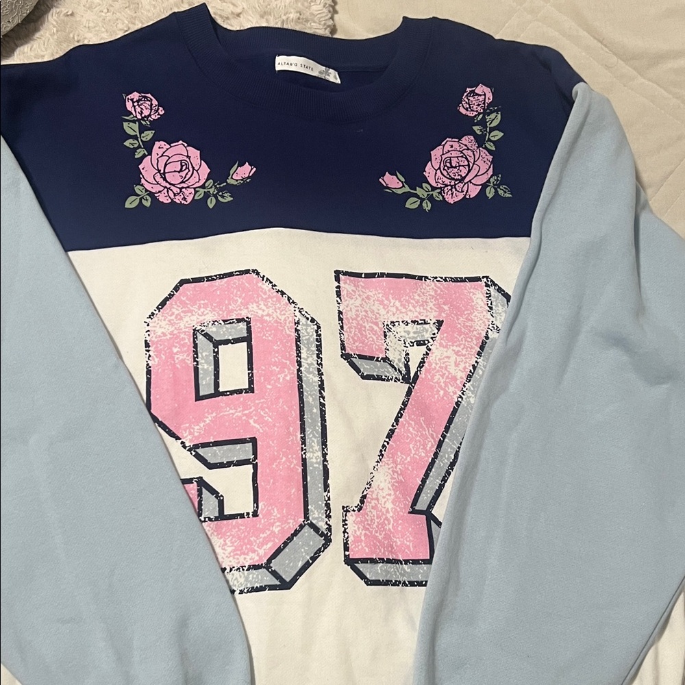 Altar'd State Floral Graphic Sweater - Navy, Light Blue, and Pink